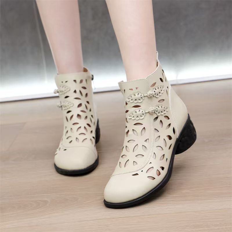 Ethnic Outfit - Women's Leather Hollow Out Block Heel